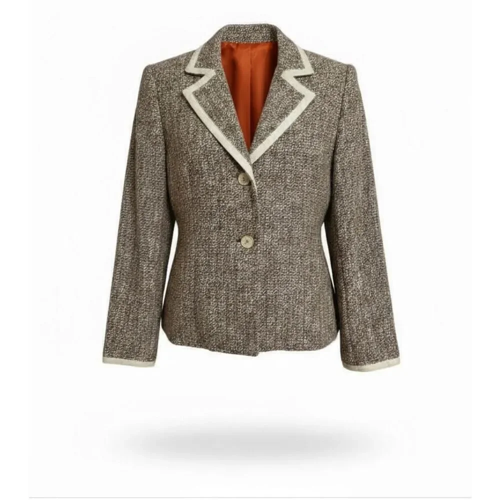 Bigio Collection Tweed Two Button Notch Lapel Fully Lined Blazer Tan‎ Size 8